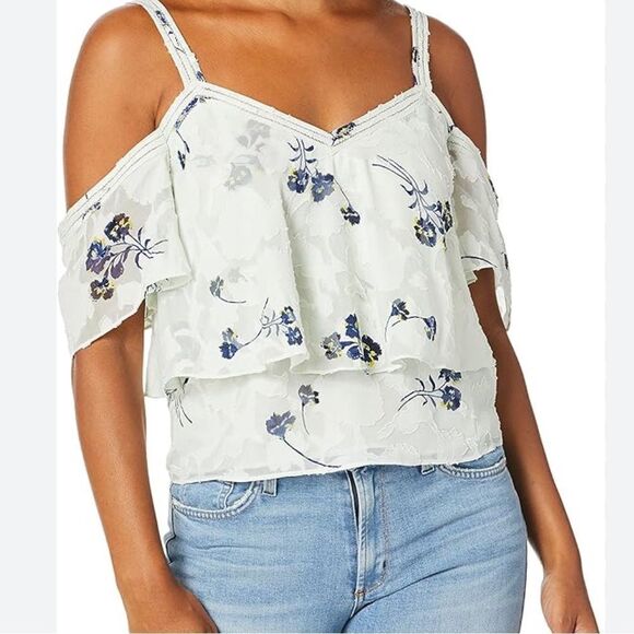 Lucky Brand Pale Blue Navy Blue Floral Print Cold Shoulder Flowy Romantic Blouse - Picture 2 of 14